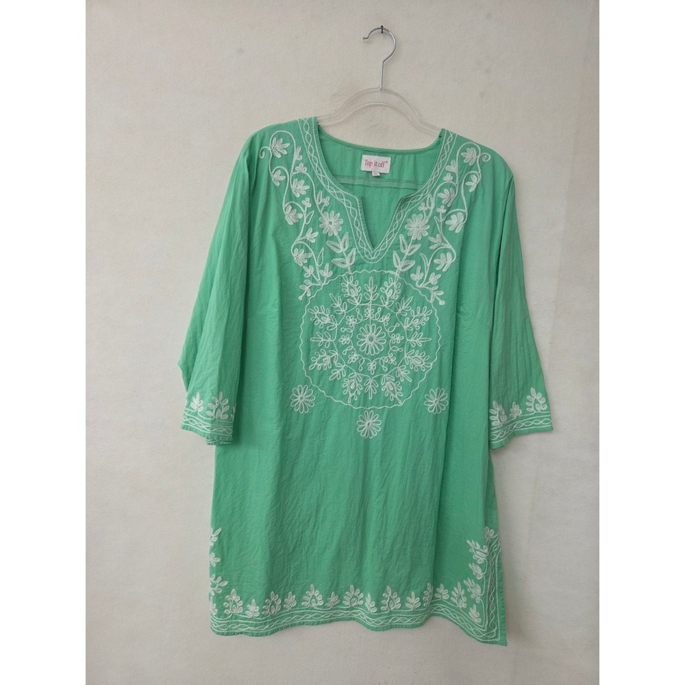 Top It Off Green Embroidered Cotton Tunic Top XL White Floral Boho Beach Coverup